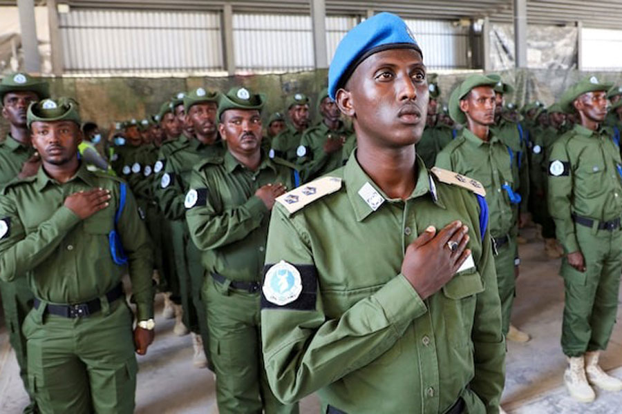 Members of Somali special police forces stand in formation at the Halane Training Facility in Mogadishu, Somalia April 14, 2025.