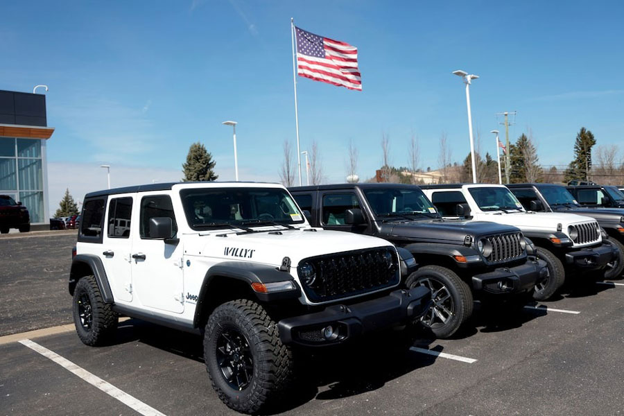 Jeep Wrangler Willys are displayed at a Jeep dealership in White Lake, Michigan, US, March 27, 2025.