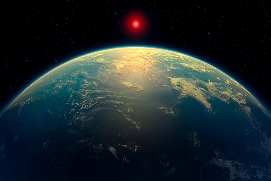 An illustration shows a hycean world – an exoplanet with a liquid water ocean beneath a hydrogen-rich atmosphere - orbiting a red dwarf star. Based on observations by the James Webb Space Telescope, the exoplanet K2-18 b might fit in this category. This illustration was obtained by Reuters on April 16, 2025 — University of Cambridge/Handout via REUTERS