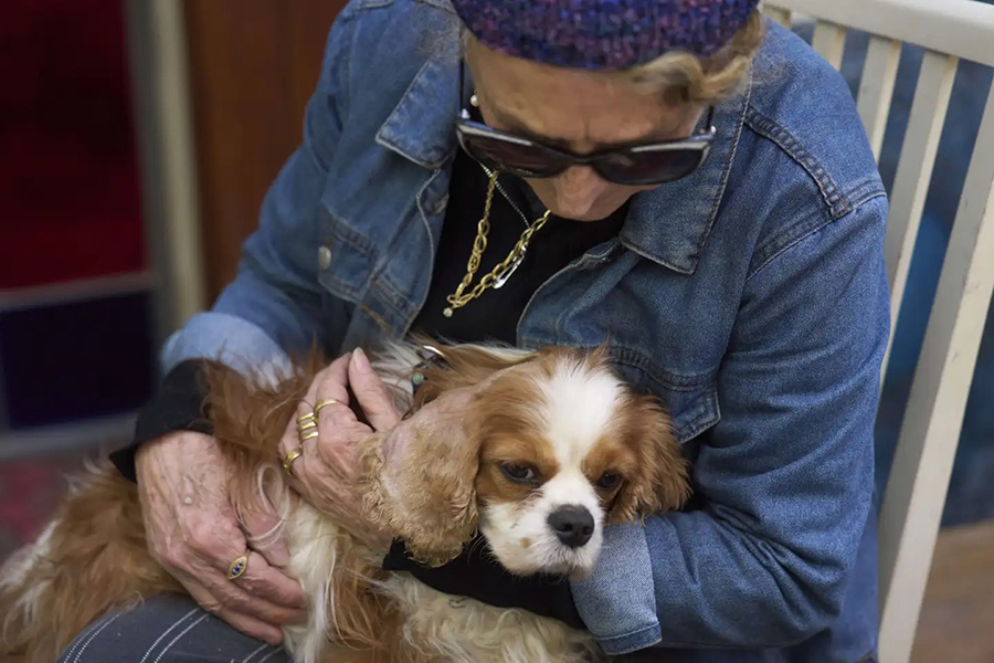 Rachel Dancyg holds her dog, Billie, on Wednesday, April 16, 2025. Israeli soldiers found Billie in the Gaza Strip, 18 months after she disappeared during Hamas' attack on Dancyg's Kibbutz of Nir Oz, in Binyamina, Israel — AP photo