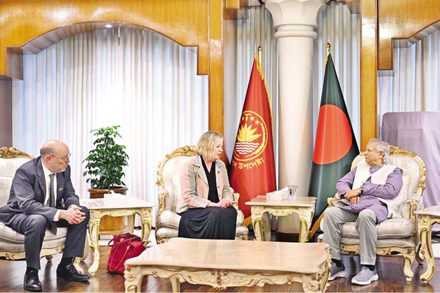 US Deputy Assistant Secretaries of State Nicole A. Chulick and Andrew Herrup call on Chief Adviser Professor Muhammad Yunus at Jamuna in Dhaka on Thursday. — PID