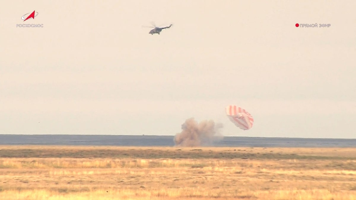 The Soyuz MS-26 space capsule carrying the International Space Station (ISS) crew, formed of NASA astronaut Don Pettit, Roscosmos cosmonauts Alexei Ovchinin and Ivan Vagner, lands in a remote area near Zhezkazgan, Kazakhstan April 20, 2025, in this still image taken from video. Roscosmos/Handout via REUTERS