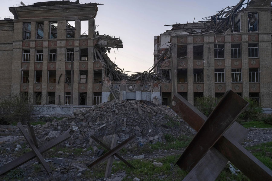 In this photo provided by Ukraine's 93rd Kholodnyi Yar Separate Mechanized Brigade press service, a ruined city center in Kostyantynivka, the site of heavy battles with Russian troops, in the Donetsk region, Ukraine, Saturday, April 19, 2025.
