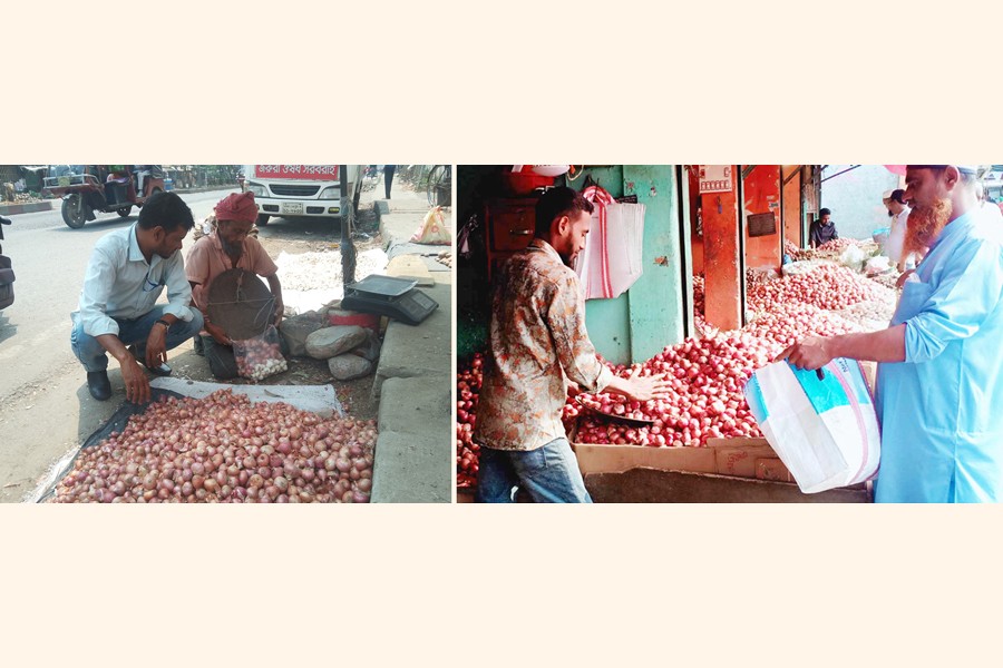 A buyer is purchasing onion from a wholesale market in Dhaka Road area of Magura town (left) and another buying the same from a market in Rangpur city