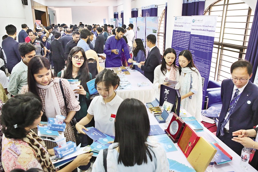 Several universities and medical colleges from China's Yunnan Province set up stalls at the Nawab Ali Chowdhury Senate Bhaban of Dhaka University to share information about their academic programmes and opportunities during an event titled 'China-Bangladesh People-to-People Exchange Year: Yunnan Education and Health Promotion' on Sunday