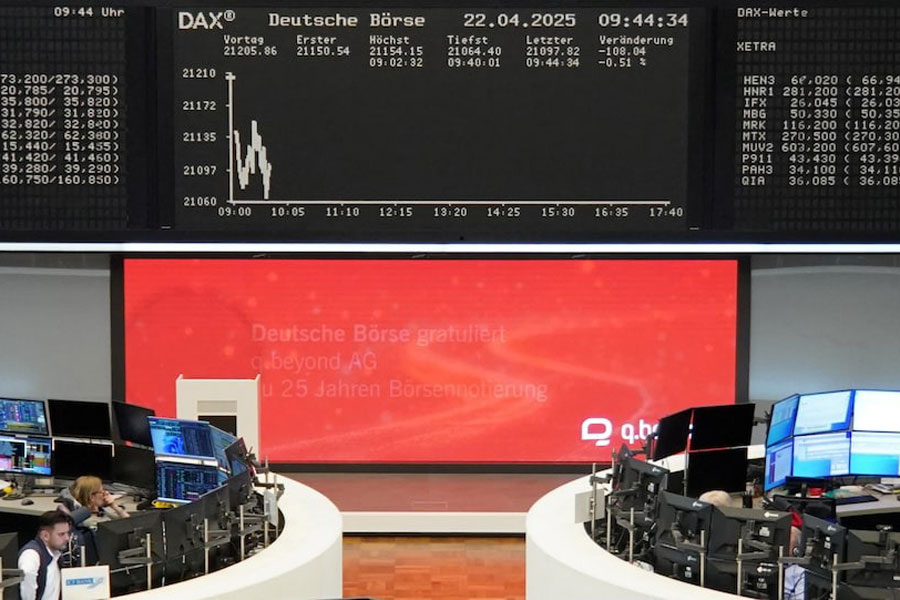 The German share price index DAX graph is pictured at the stock exchange in Frankfurt, Germany, April 22, 2025.