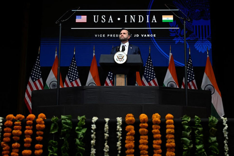 US Vice President JD Vance delivers remarks at the Rajasthan International Centre in Jaipur, India, on Tuesday, April 22, 2025.