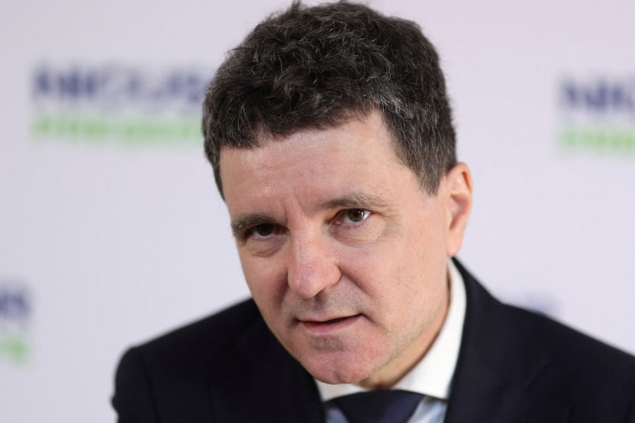 Presidential independent centrist candidate and Bucharest Mayor Nicusor Dan answers questions during an interview with Reuters, in Bucharest, Romania, April 23, 2025.