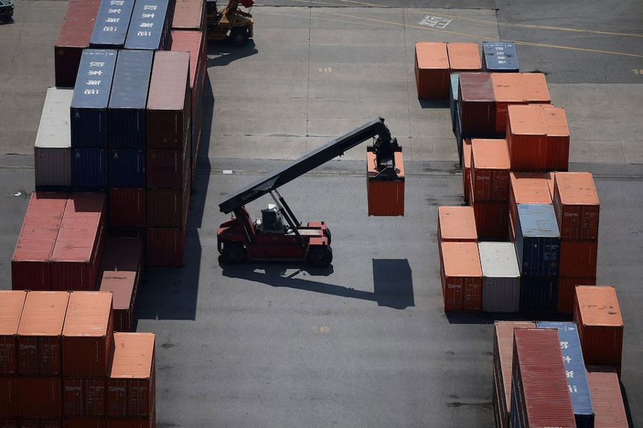 Shipping containers are seen at Pyeongtaek port in Pyeongtaek, South Korea, April 15, 2025.