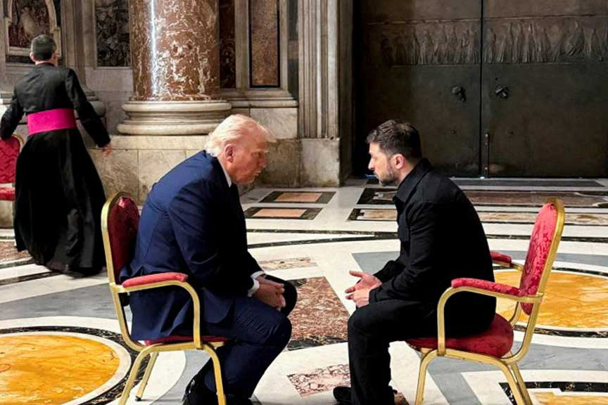 Ukraine's President Volodymyr Zelensky and US President Donald Trump meet, while they attend the funeral of Pope Francis, at the Vatican on April 26, 2025 — Ukrainian Presidential Press Service/Handout via REUTERS