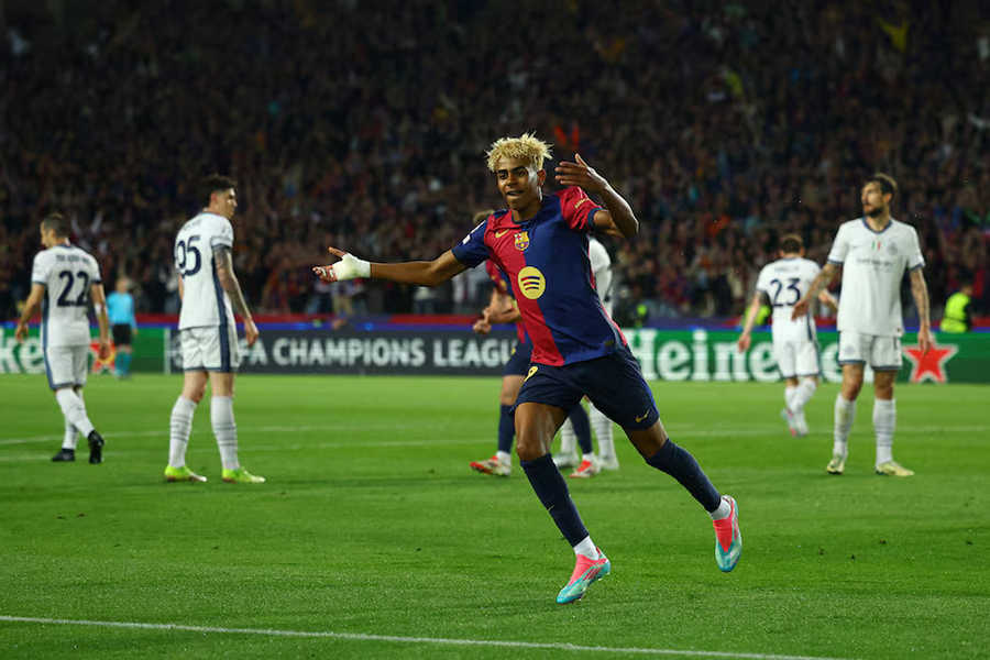 FC Barcelona's Lamine Yamal celebrates scoring their first goal during the UEFA Champions League Semi-Final First Leg against Inter Milan at Estadi Olímpic Lluís Companys in Barcelona, Spain, on April 30, 2025 — Reuters photo