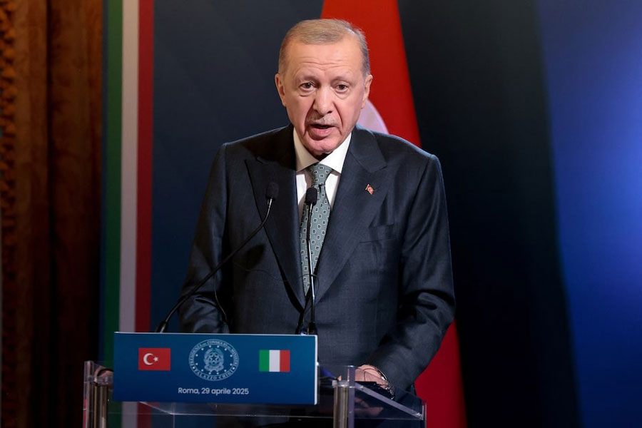 Turkish President Tayyip Erdogan attends a press conference with Italian Prime Minister Giorgia Meloni (not pictured), at Villa Doria Pamphili in Rome, Italy, April 29, 2025.