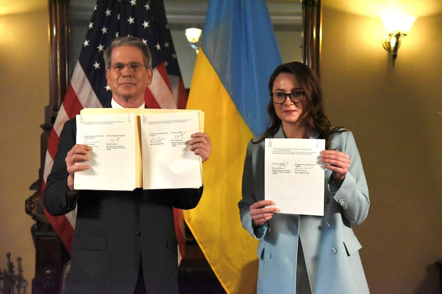 US Treasury Secretary Scott Bessent and Ukrainian First Deputy Prime Minister Yulia Svyrydenko pose after signing a deal that will give the United States preferential access to new Ukrainian minerals deals and fund investment in Ukraine's reconstruction, in Washington, DC, US, April 30, 2025, in this picture obtained from social media.