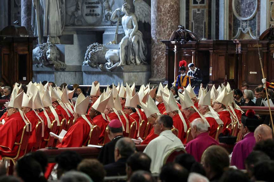 Cardinals attend a mourning Mass for Pope Francis on the fifth day of Novendiali (nine days of mourning after the Pope's funeral) at St. Peter's Basilica at the Vatican, Apr 30, 2025.