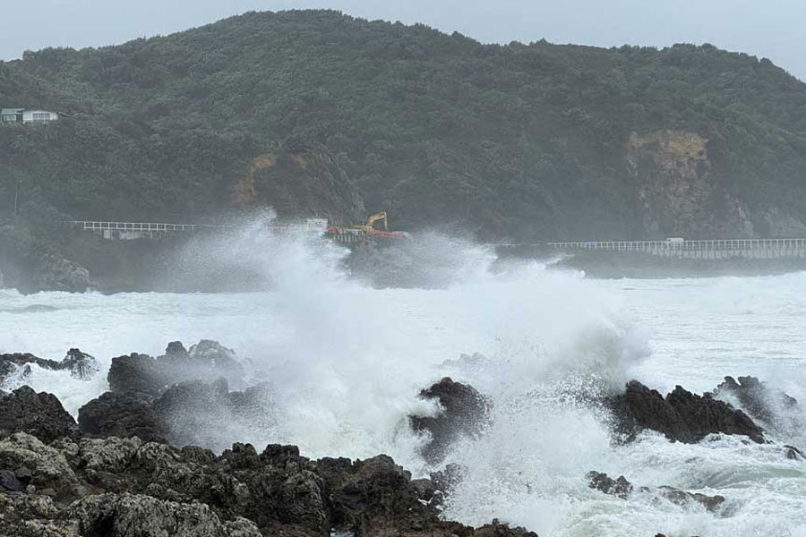 Strong winds hit Lyall bay in Wellington, New Zealand May 1, 2025.