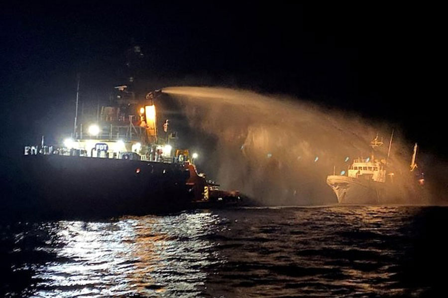 A tug vessel puts out a fire on the Gaza Freedom Flotilla vessel Conscience outside Maltese territorial waters in this handout picture provided by Malta Goverment Department of Information, May 2, 2025.