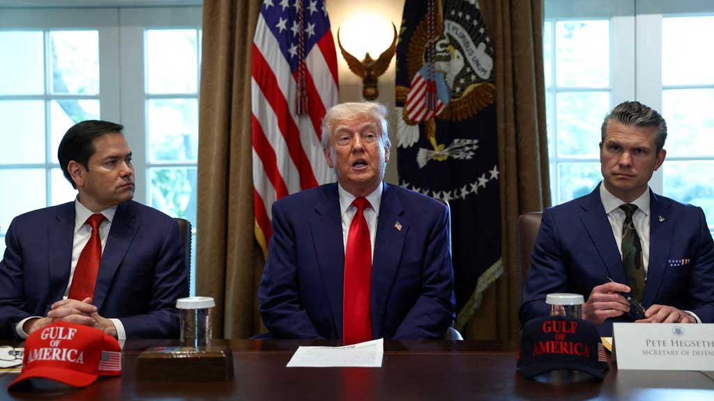 US President Donald Trump speaks next to US Defense Secretary Pete Hegseth and US Secretary of State Marco Rubio during a cabinet meeting at the White House in Washington, DC, Apr 30, 2025. REUTERS
