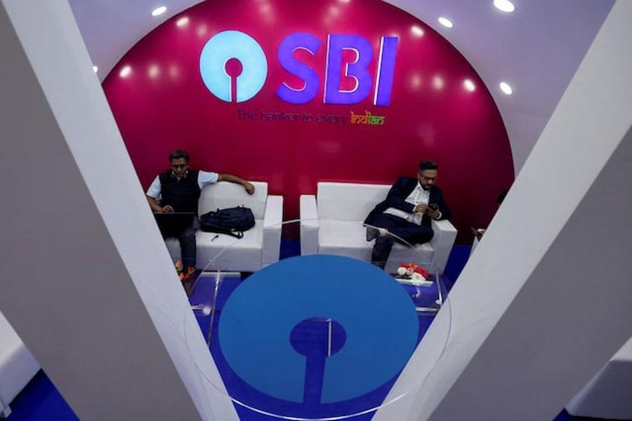 The logo of State bank of India is pictured in a stall at the Vibrant Gujarat Global Trade Show at Gandhinagar, India, January 11, 2024.
