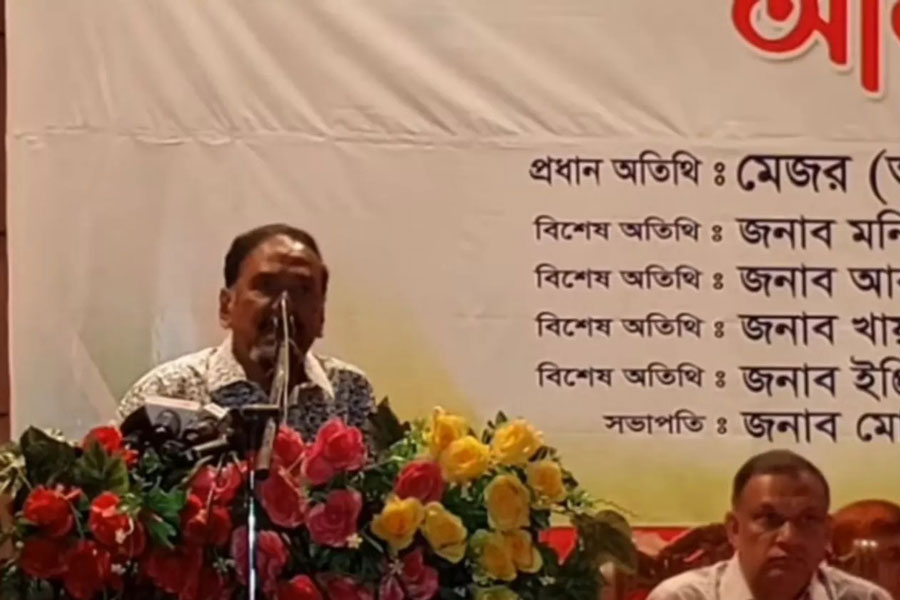 Maj (retd) Hafiz Uddin Ahmed addresses the launching ceremony of the Bangladesh District and Divisional Sports Organisers Association at the NSC auditorium in Dhaka city on Monday, May 3, 2025.