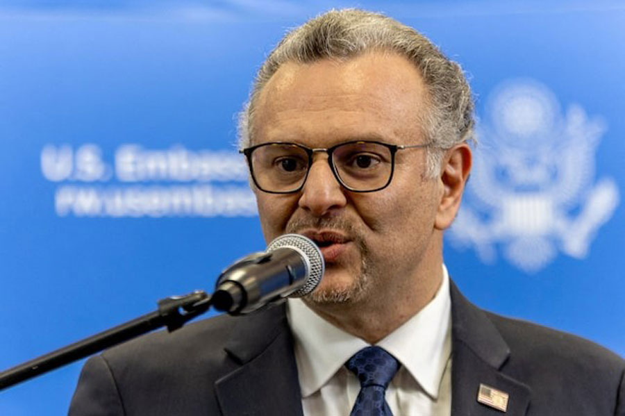 US President Donald Trump's Senior Advisor for Africa Massad Boulos addresses a press conference at the US Embassy in Kigali, Rwanda April 8, 2025.