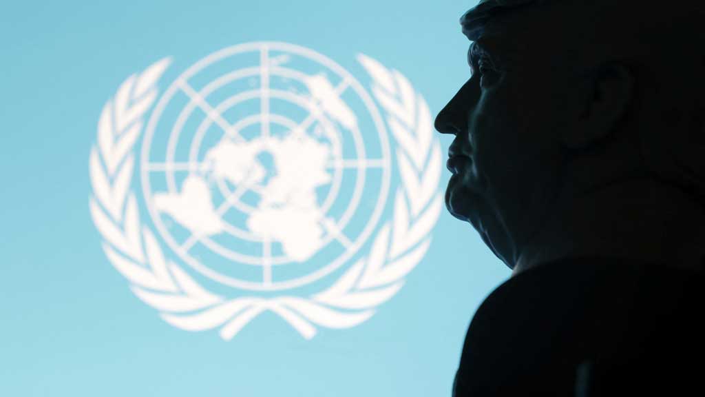A 3D-printed miniature model of US President Donald Trump with the United Nations logo in the background is seen in this illustration taken Apr 23, 2025. REUTERS/Dado Ruvic/Illustration