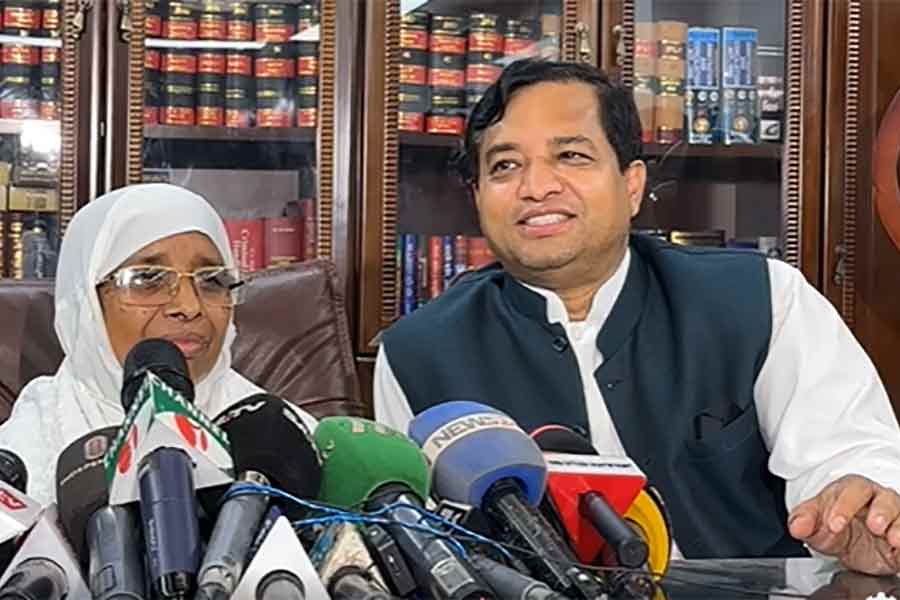 Zaida Khatun, the newly-elected mayor of Gazipur City Corporation, and his son former mayor Zahangir Alam addressed a press conference after the announcement of unofficial results in GCC polls at early hours of Friday.