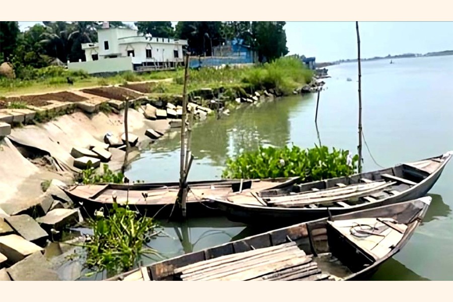 A partial view of eroded and vulnerable spots on the permanent riverbank protection dam in Farajikandi union area in Matlab Uttar Upazila of Chandpur district