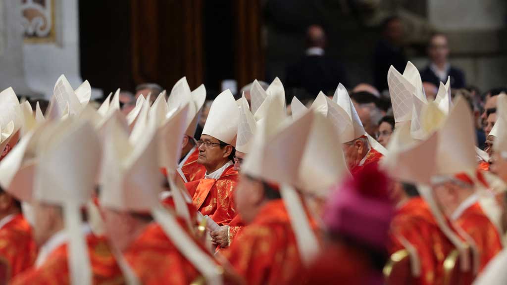 Cardinals gather on the day the Dean of the College of Cardinals, Cardinal Giovanni Battista Re presides over the Holy Mass, celebrated for the election of the new pope, in St Peter’s Basilica, at the Vatican, May 7, 2025. REUTERS