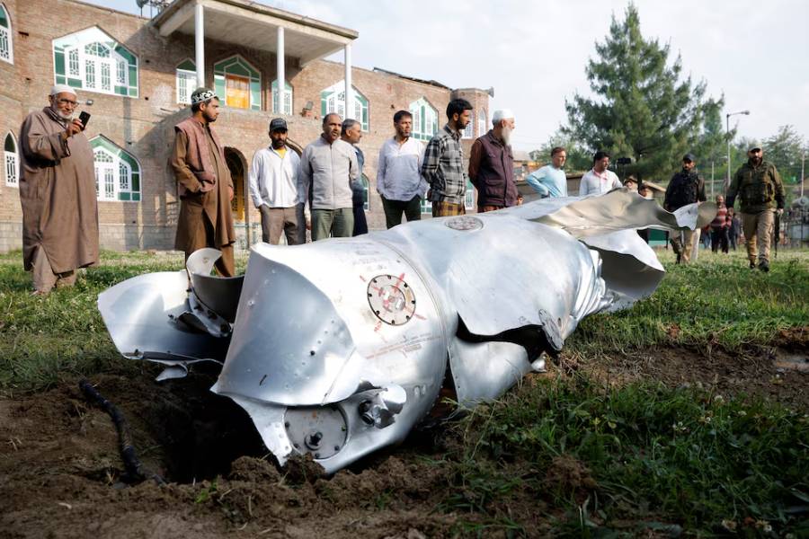 Metal debris lies on the ground in Wuyan in south Kashmir's Pulwama district district May 7, 2025.
