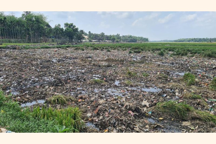 Photo shows garbage dumped from Rohingya refugee camp beside a crop field disrupts farming in Ukhia upazila of Cox's Bazar district- FE Photo