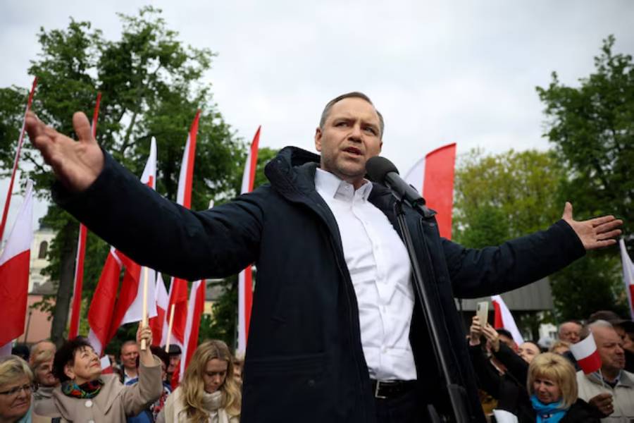 Karol Nawrocki, a candidate for Polish presidential election supported by Poland's main opposition party Law and Justice (PiS), gestures during his speech at a campaign meeting with supporters in Garwolin, Poland, May 5, 2025.
