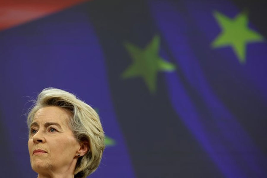 European Commission President Ursula von der Leyen attends a press conference with German Chancellor Friedrich Merz, in Brussels, Belgium, May 9, 2025.