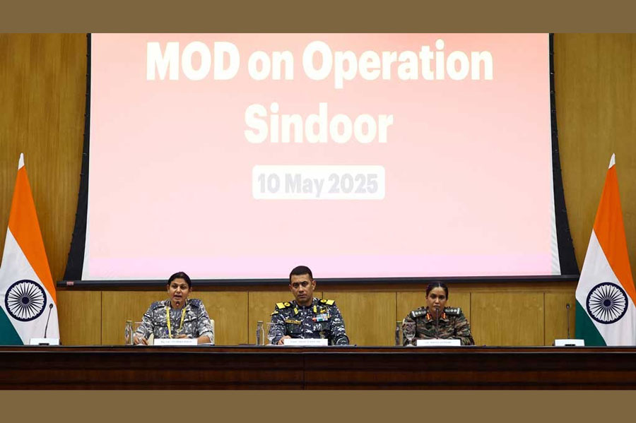 Commodore R Raghu Nair, Colonel Sophia Qureshi and Wing Commander Vyomika Singh attend a press briefing at Ministry of External Affairs (MEA) in New Delhi, India, May 10, 2025.