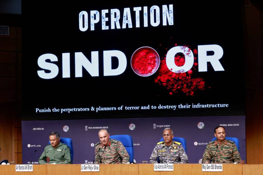 Air Marshal AK Bharti, Lieutenant General Rajiv Ghai, Vice Admiral AN Pramod and Major General SS Sharda attend a press briefing at the National Media Centre in New Delhi, India, May 11, 2025.