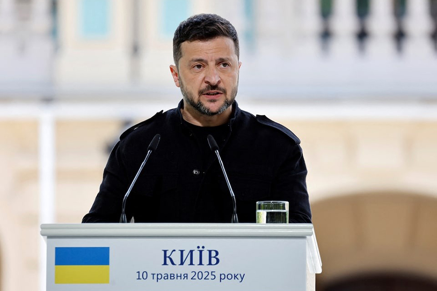 Ukranian President Voloydmyr Zelensky speaks during a press conference in the grounds of the Mariinskyi Palace in Kyiv, Ukraine on May 10, 2025 — Pool photo via REUTERS