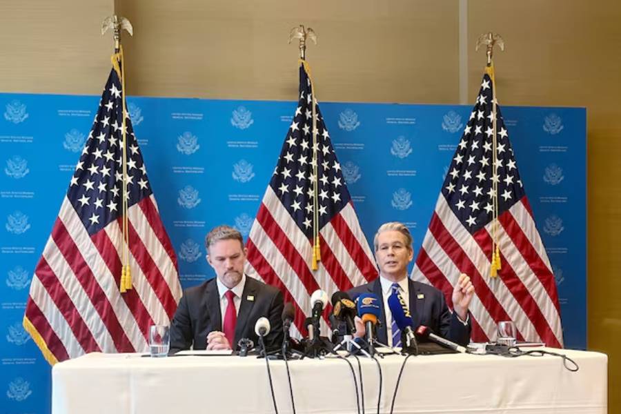 U.S. Secretary of the Treasury Scott Bessent and U.S. Trade Representative Jamieson Greer attend a news conference after trade talks with China, in Geneva, Switzerland, May 12, 2025.