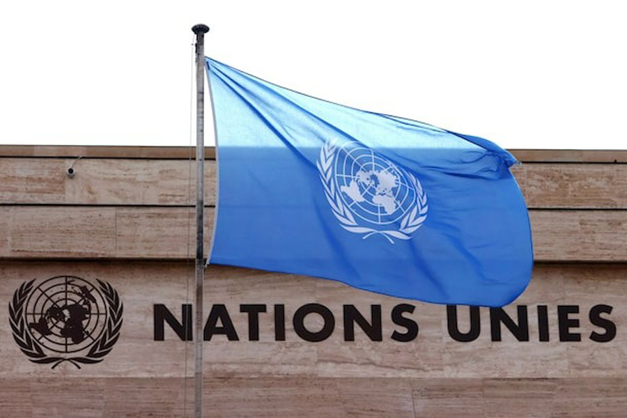 A flag is seen on a building during the Human Rights Council at the United Nations in Geneva, Switzerland February 27, 2023.