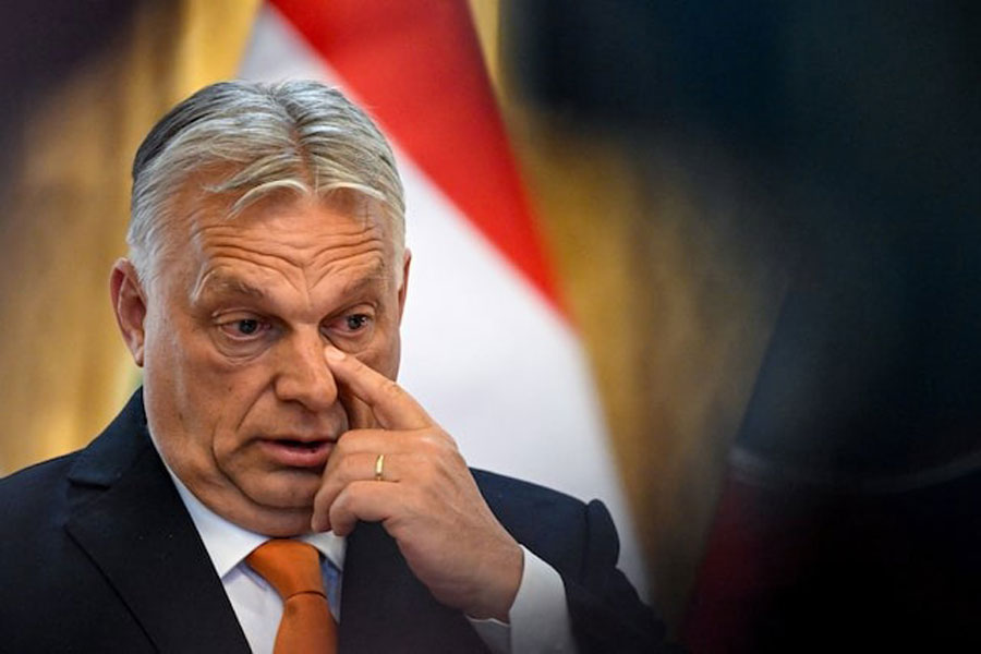 Hungarian Prime Minister Viktor Orban attends a press conference with Slovakia's Prime Minister Robert Fico (not pictured), in Bratislava, Slovakia, April 28, 2025.