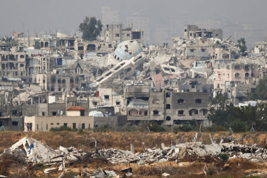 A general view of destruction in North Gaza, as seen from the Israeli side of the Israel-Gaza border, May 17, 2025.