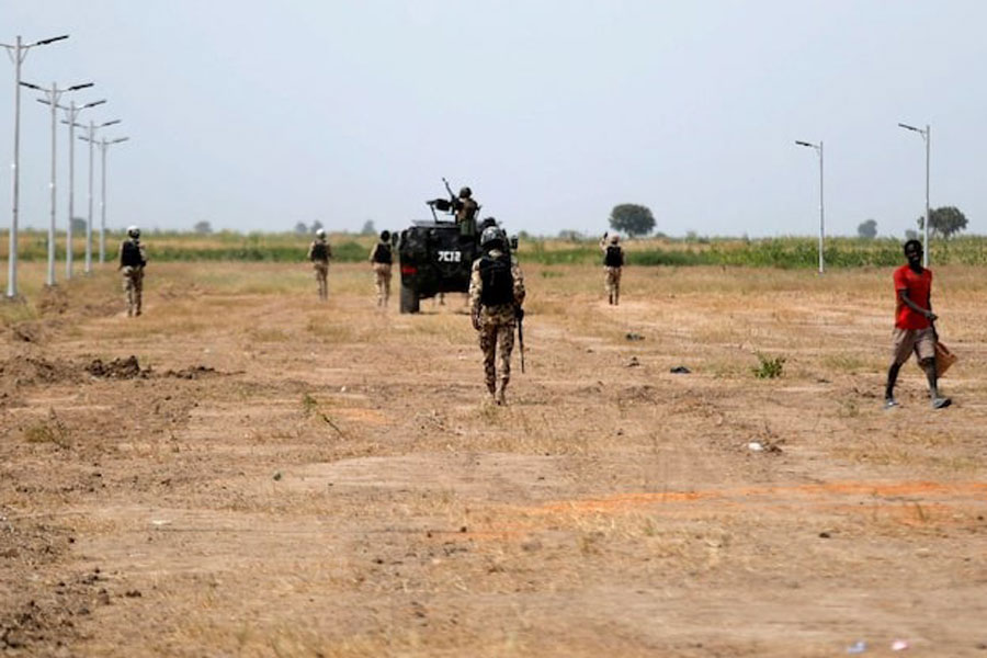 Nigerian Security Forces patrol outside Ngarannam in Ngarannam, Borno State, Nigeria October 21, 2022.
