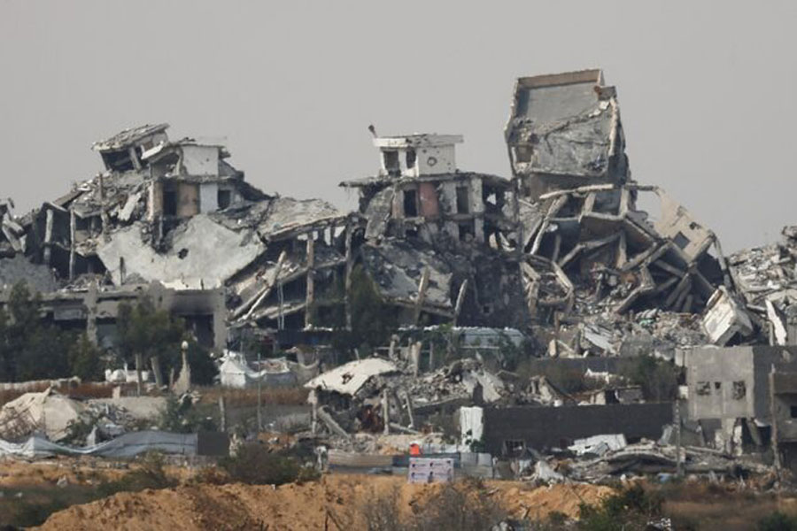 A general view of destruction in North Gaza, as seen from the Israeli side of the Israel-Gaza border, May 17, 2025.