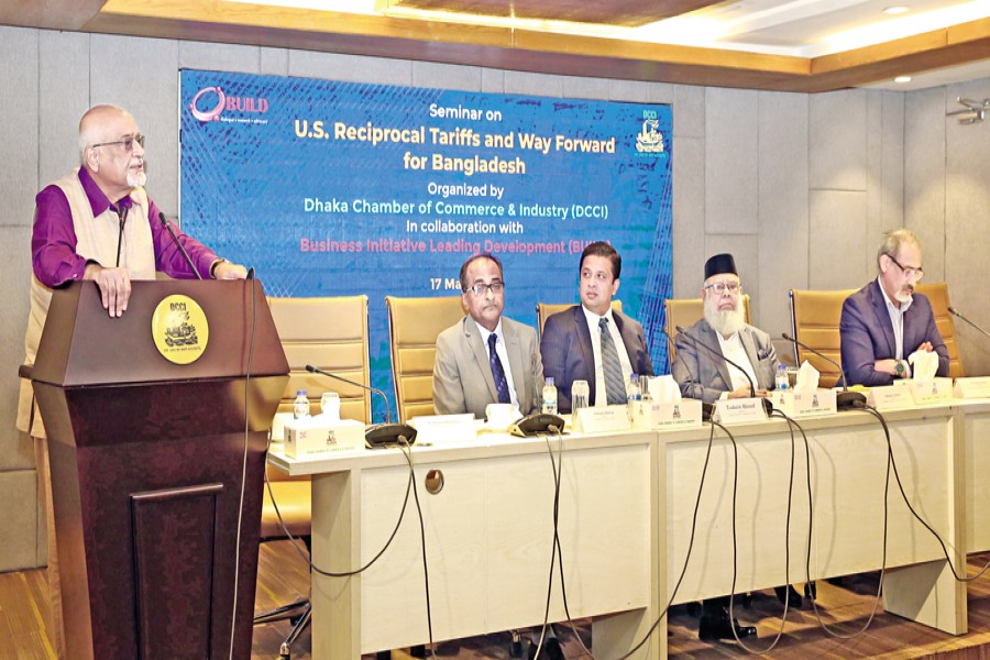 Distinguished fellow of the Centre for Policy Dialogue Dr. Debapriya Bhattacharya speaks at a seminar titled 'US Reciprocal Tariffs and the Way Forward for Bangladesh', jointly organised by the Dhaka Chamber of Commerce and Industry (DCCI) and the Business Initiative Leading Development (BUILD) held at the auditorium of DCCI in Motijheel, Dhaka, on Saturday. Commerce Secretary Mahbubur Rahman, DCCI President Taskeen Ahmed, President of the International Chamber of Commerce (ICC) Bangladesh Mahbubur Rahman and BUILD Chairperson Abul Kashem Khan were present. — FE Photo
