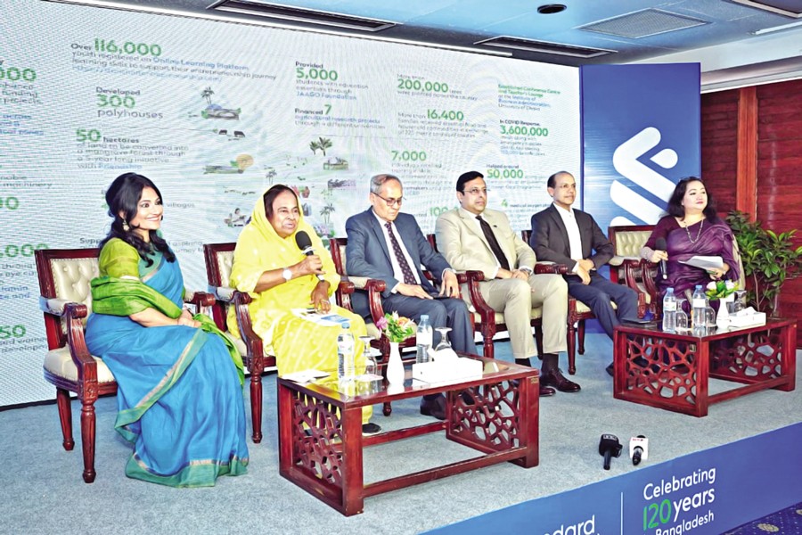 Standard Chartered Bangladesh CEO Naser Ezaz Bijoy, its Head of Corporate Affairs (Brand and Marketing) Bitopi Das Chowdhury, Executive Director of Friendship Runa Khan, Executive Director of UCEP Bangladesh Md Abdul Karim, CEO of Ispahani Islamia Eye Institute and Hospital AKM Akhtaruzzaman, and founder of TMSS Dr Hosne-Ara Begum attend a press conference held at a city hotel on Sunday.