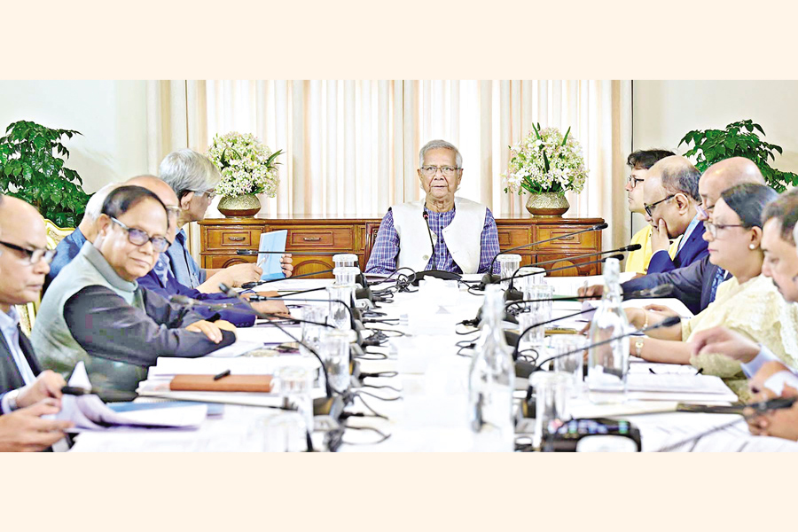 Chief Adviser Professor Muhammad Yunus presides over a meeting on the progress of recovering laundered money at the State Guest House Jamuna in Dhaka on Monday. Bangladesh Bank Governor Dr. Ahsan H. Mansur was present on the occasion. — PID