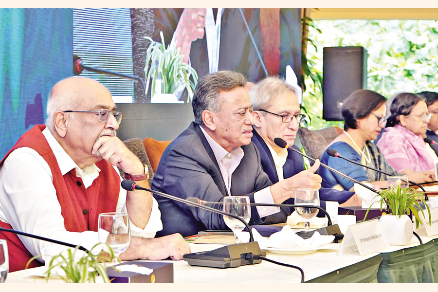 BNP Standing Committee Member Amir Khasru Mahmud Chowdhury, second from left, speaks at a seminar titled 'Bangladesh Economy 2025-26: Policy Reforms and National Budget', organised by the Citizen's Platform for SDGs at a hotel in Gulshan on Monday. Distinguished Fellow of the Centre for Policy Dialogue Dr. Debapriya Bhattacharya, far left, and former World Bank Lead Economist Dr. Zahid Hussain, third from left, were also present. — Focus Bangla