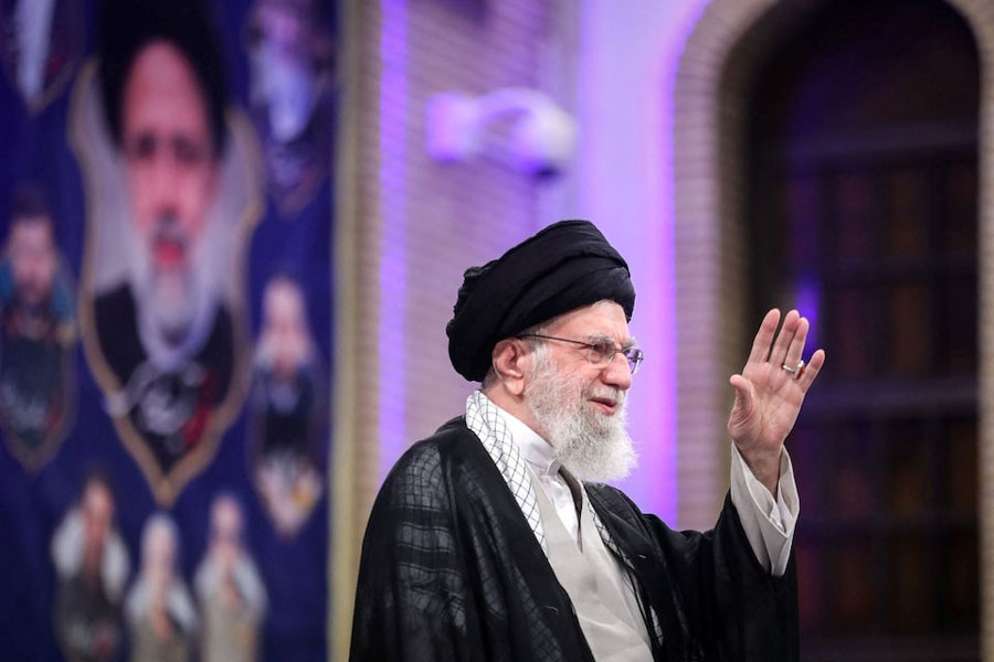 Iran's Supreme Leader Ayatollah Ali Khamenei waves during a meeting in Tehran, Iran, May 20, 2025.