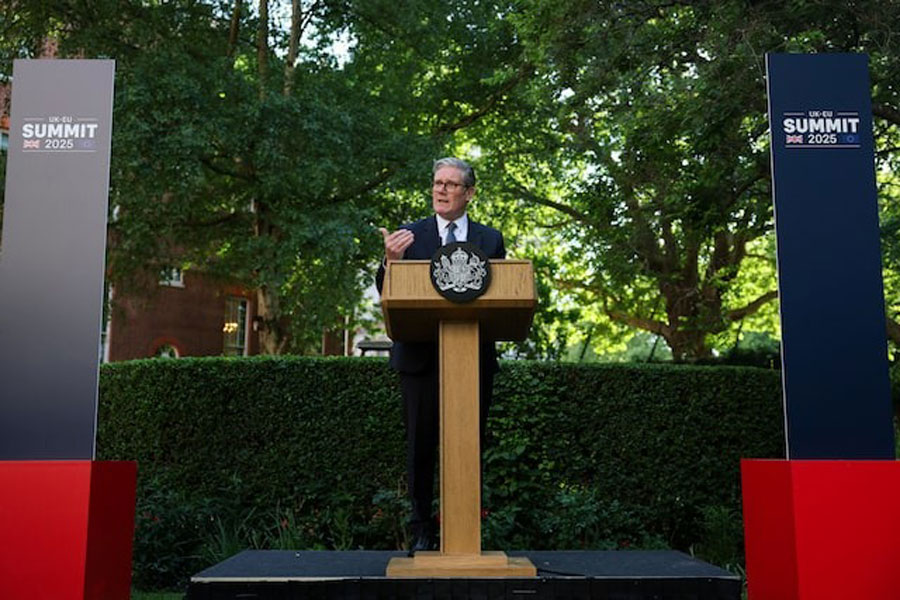 British Prime Minister Keir Starmer speaks during a reception, following the UK-EU summit, in London, Britain, May 19, 2025.