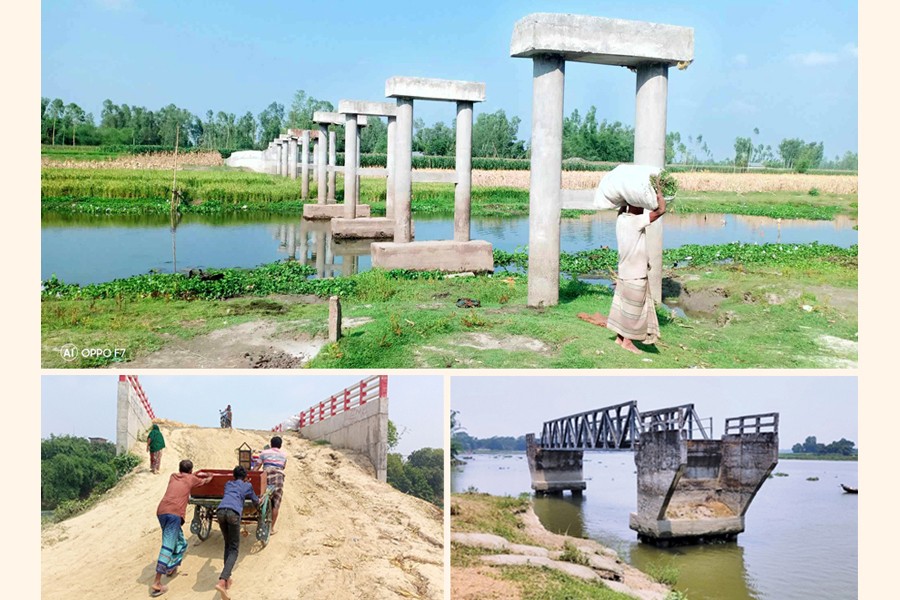 Photo shows the pillar of a bridge under construction at Haragachh Banglabazar South Thakurdas village Mosterpar area under Kaunia upazila in Rangpur district (top), a bridge built over the Mathabhanga River has not been opened even after three years (left) and a bailey bridge sans approach road at Bishnupur village in Bishnupur union of Chandpur Sadar upazila