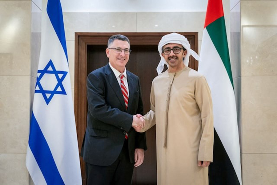United Arab Emirates Minister of Foreign Affairs Sheikh Abdullah bin Zayed Al Nahyan shakes hands with Israel's Foreign Minister Gideon Sa'ar during a meeting in Abu Dhabi, United Arab Emirates, in this picture on January 7, 2025 — Handout via REUTERS/File Photo