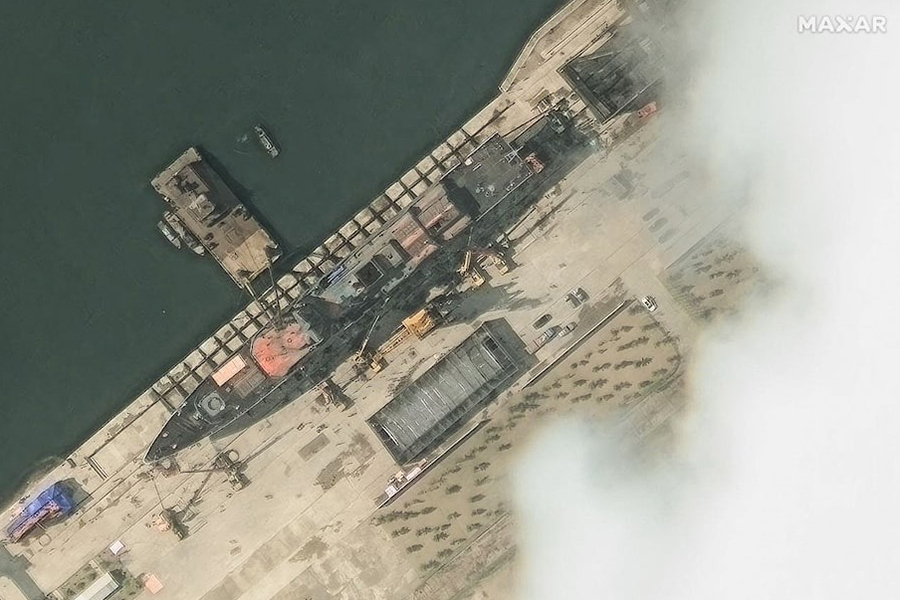 A satellite image shows the new North Korean warship at harbour before launch, in Chongjin, North Korea on May 18, 2025 — Maxar Technologies/Handout via REUTERS